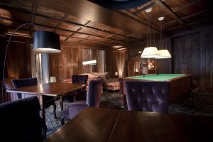 Snooker table and lounge areas in French ski resort, Hotel Le Blizzard.