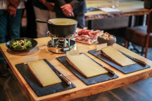 Different cheeses and fondue at Les Grands Crus in M de Megeve Hotel.