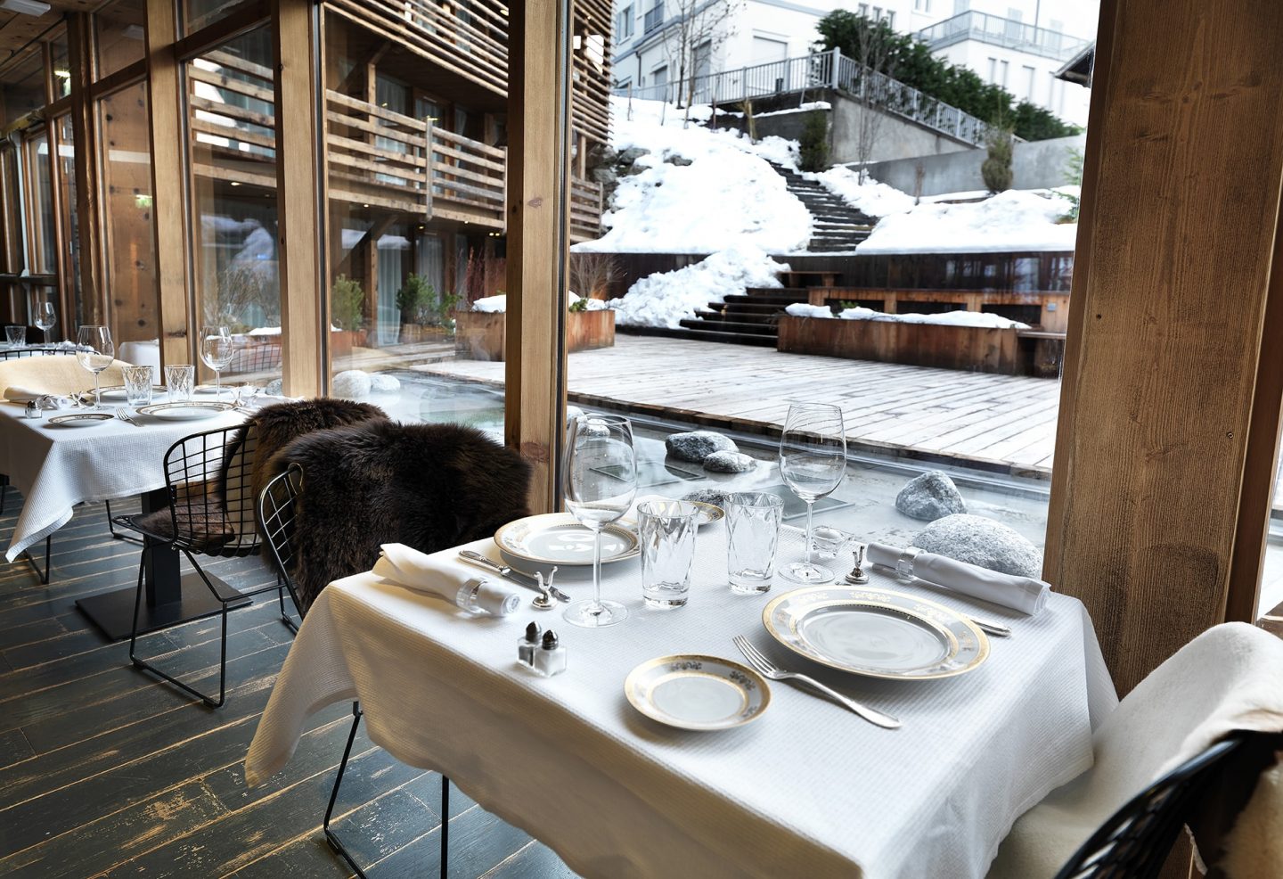 Luxury dining area at Le M de Megeve Hotel.